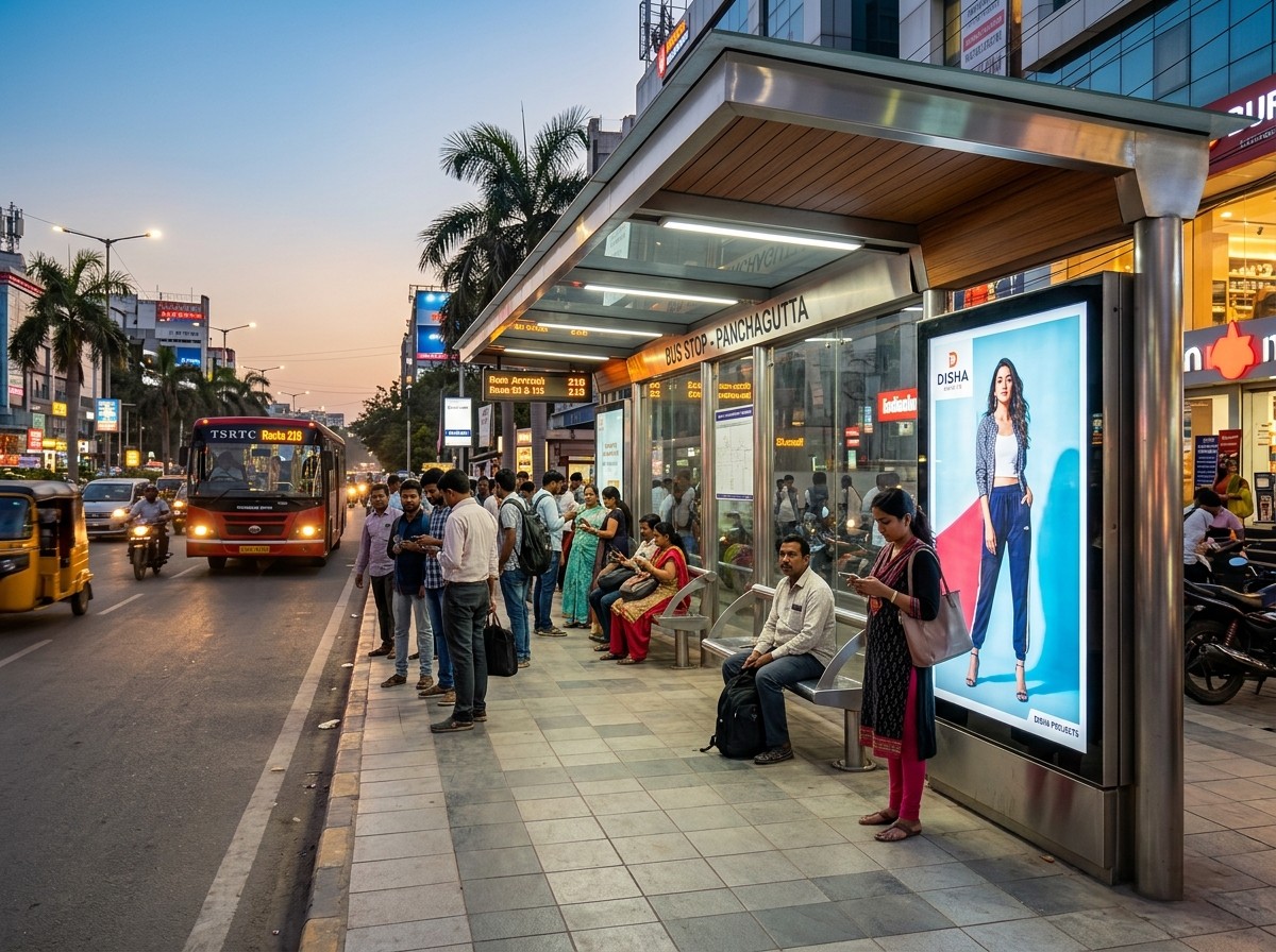 Modern bus shelter advertising panel with commuters waiting in Hyderabad