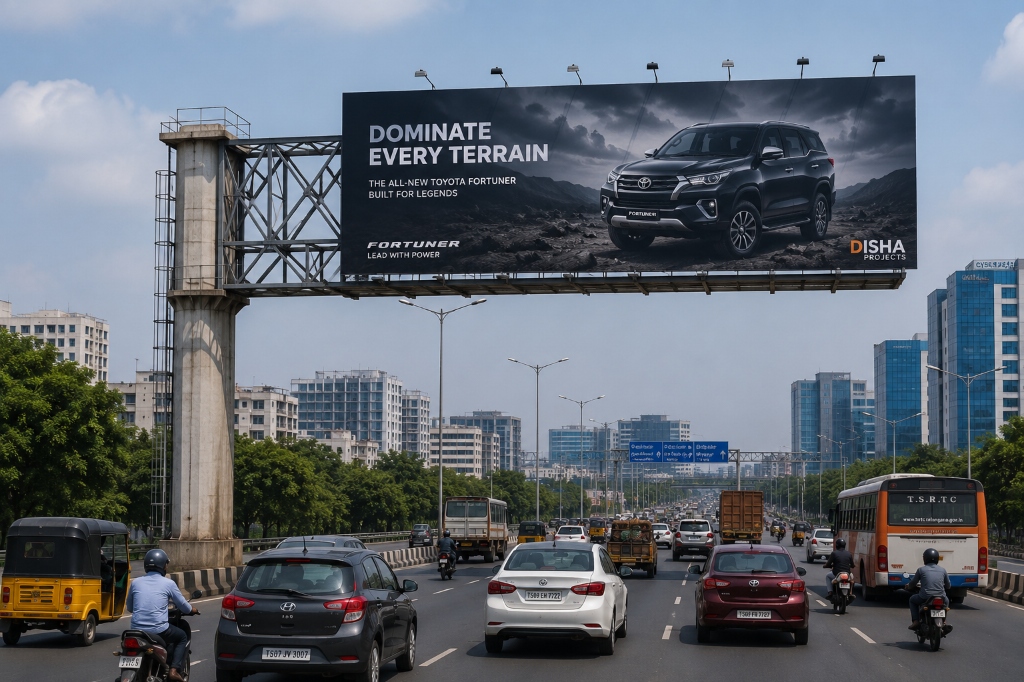 Cantilever advertising structure extending over a divided road with traffic beneath