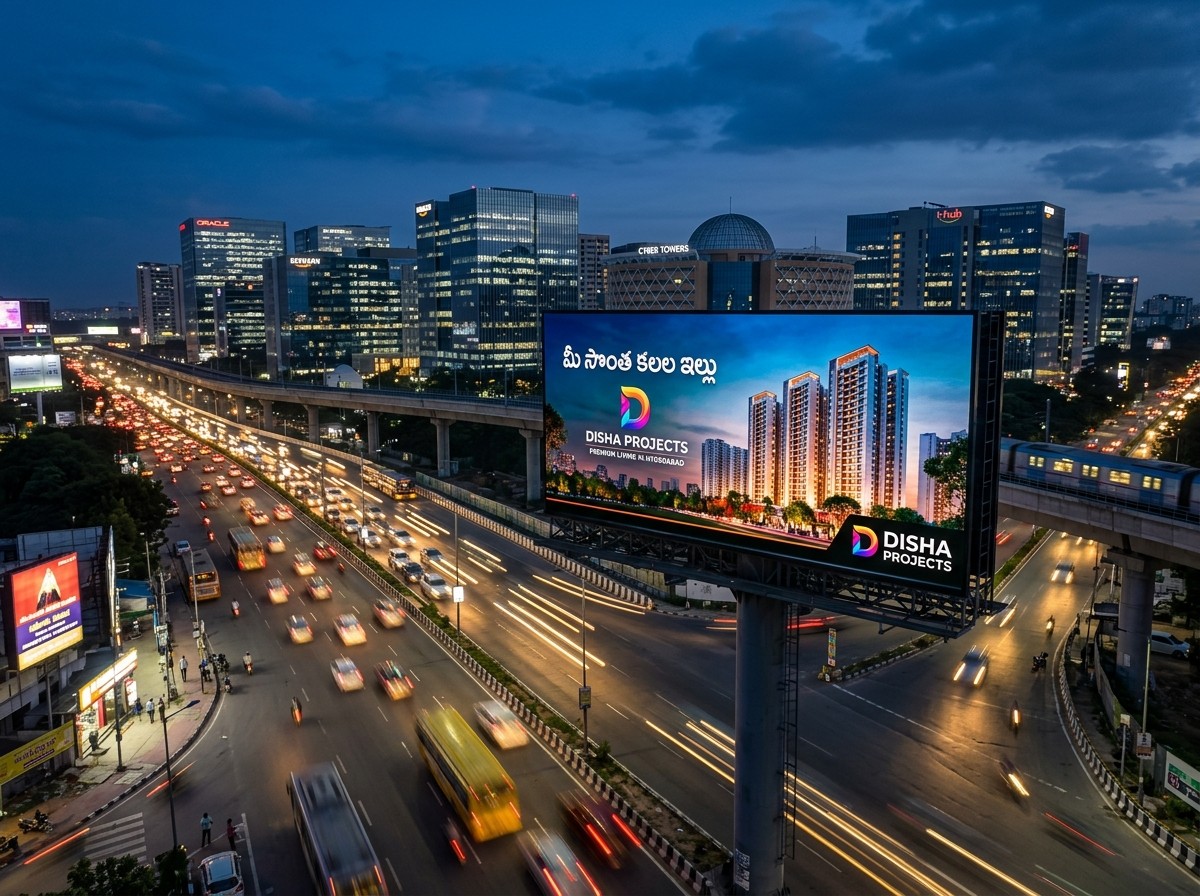 Glowing digital LED billboard advertising at night with light-trail traffic in Hyderabad