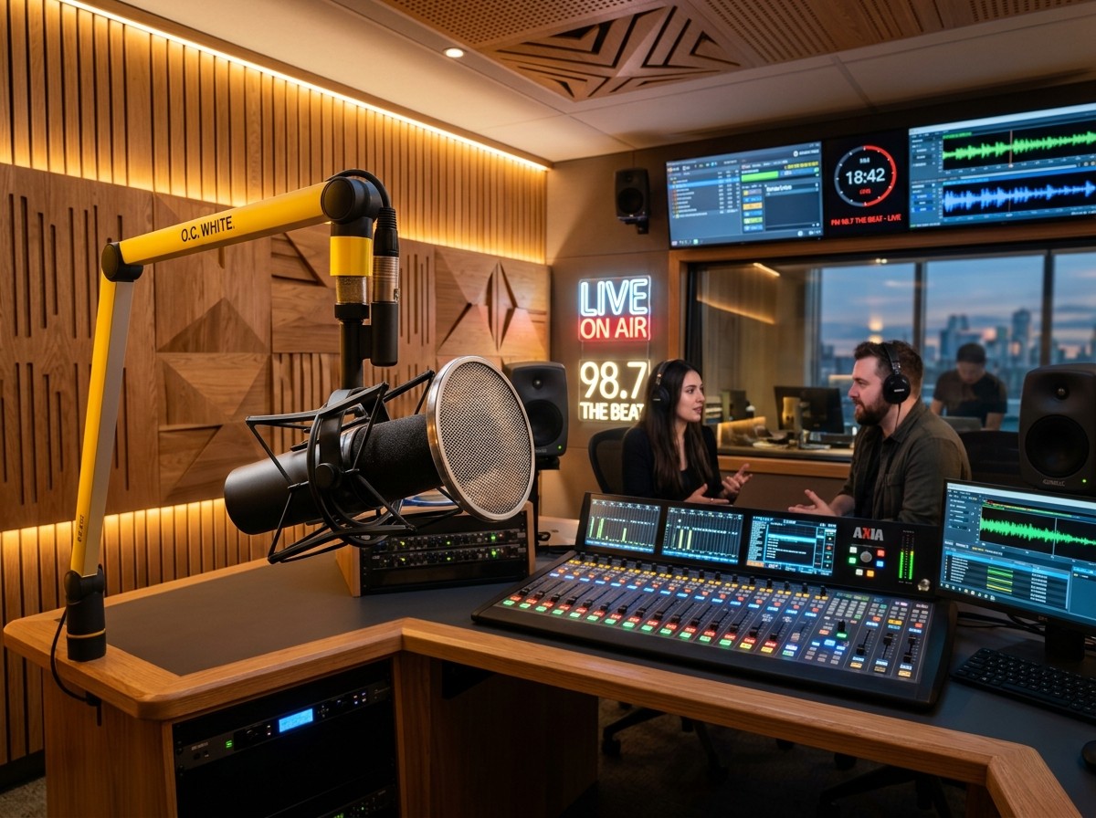 Professional FM radio broadcast studio with microphone and mixing console