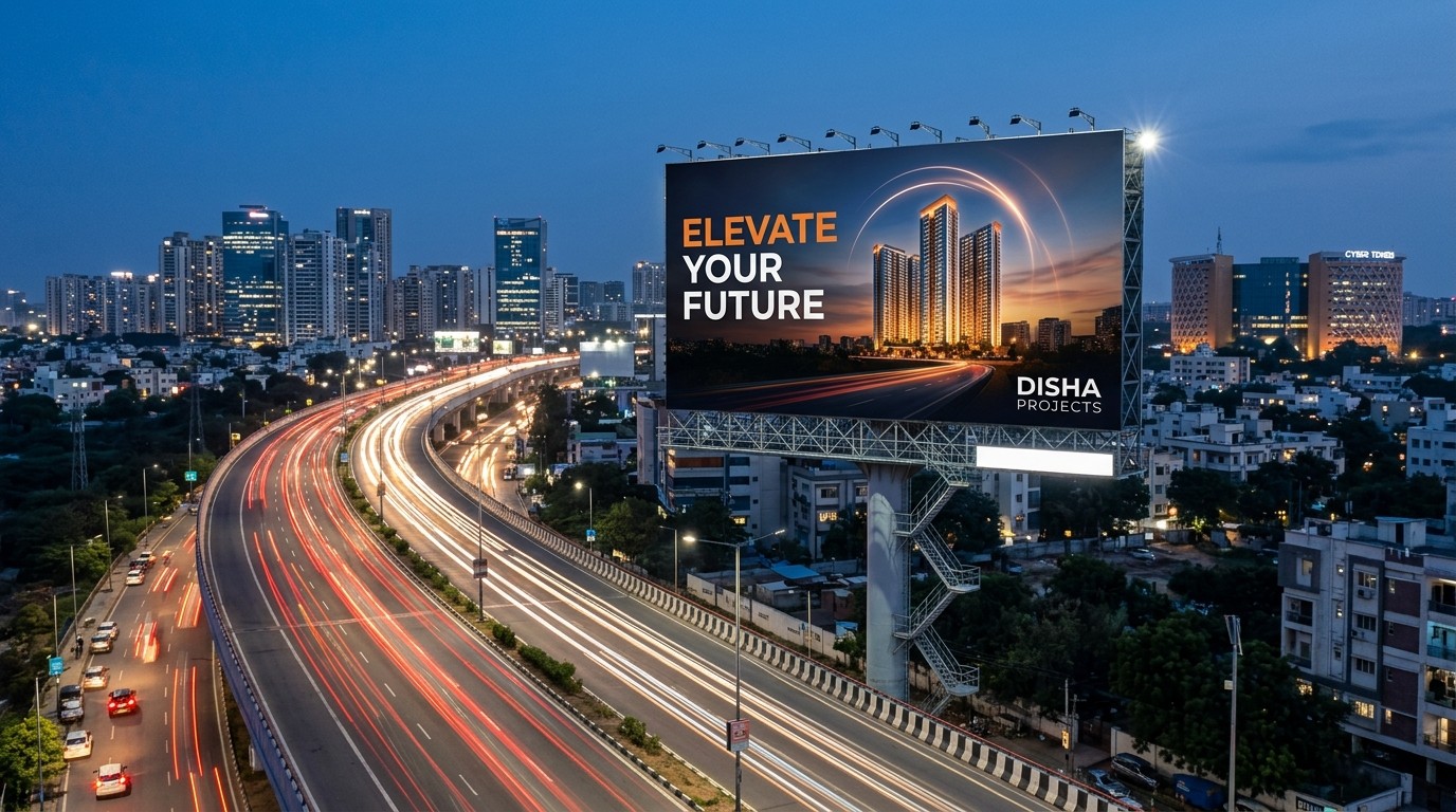 Billboard and digital screen advertising on a busy Hyderabad road at blue hour