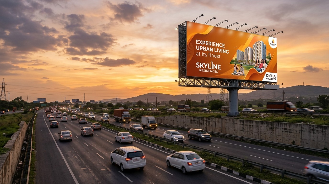 Highway hoarding advertising structure beside an open road at golden hour