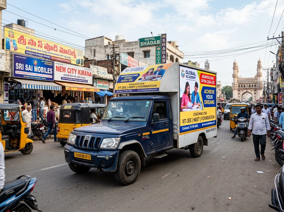 Branded mobile advertising van driving through Hyderabad city traffic
