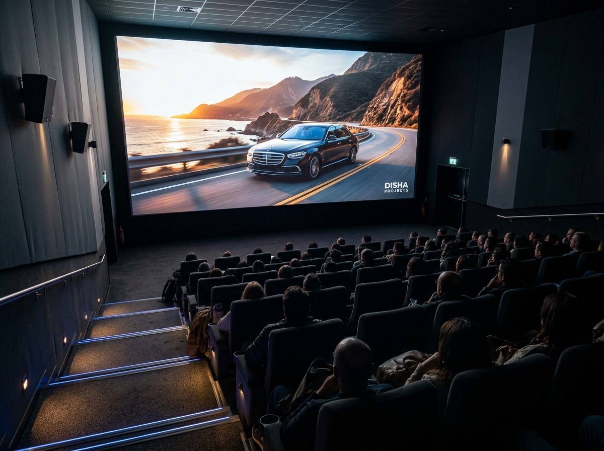 Cinema auditorium seen from behind the audience with a large screen for theatre advertising